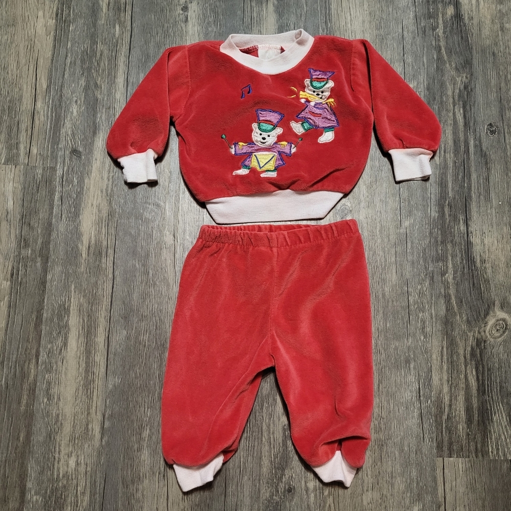Vintage Baby Velour Outfit Christmas Bears Musicians Band Holiday Infant 6/9 Mon